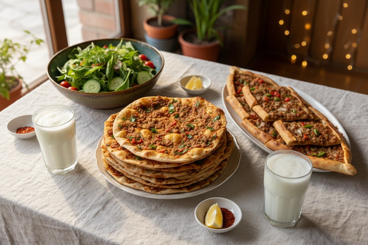 Klasik ziyafet sofrası: lahmacun, kıymalı pide, mevsim salatası ve ayran