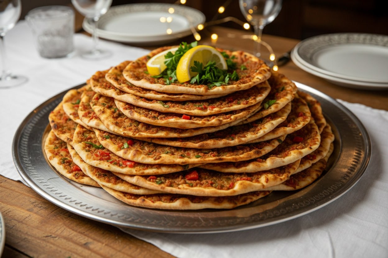 Gümüş tepside üst üste dizilmiş, közde pişmiş Antep usulü lahmacunlar; üzerinde limon ve maydanoz