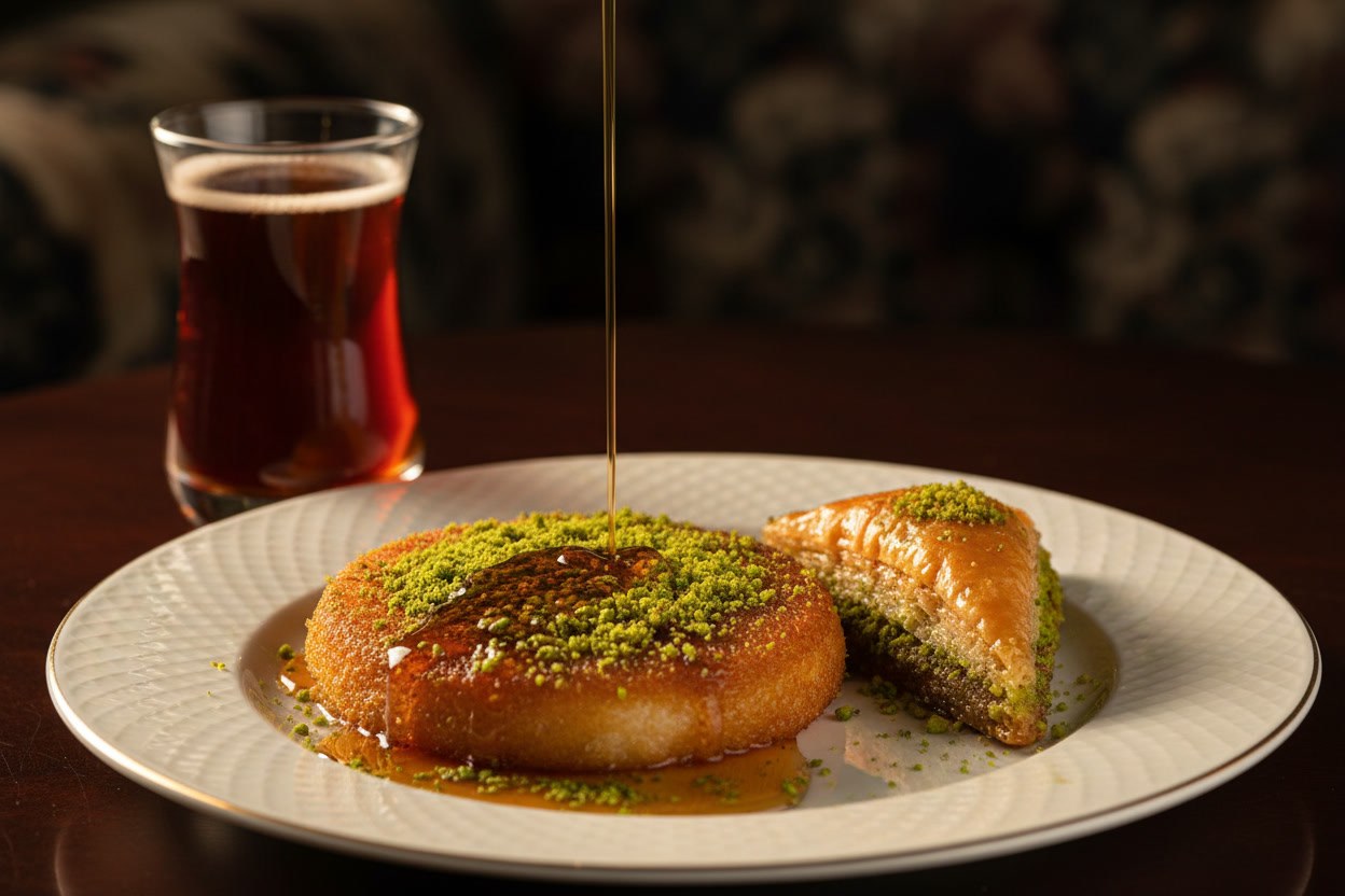 Fıstıklı künefe ve baklava ile tatlı tabağı, yanında şıra